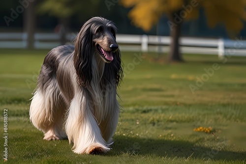 An afghan hound dog walking on the lawn
