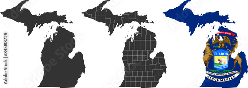 Michigan state of USA. Michigan flag and territory. States of America territory on white background. Separate states. Vector illustration photo