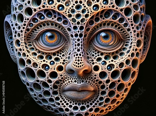 Surreal Face with Circular Hole Patterns, evoking Trypophobia. photo