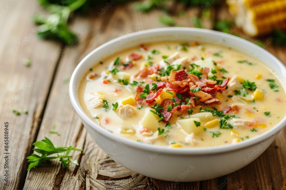 Creamy chicken corn chowder with bacon and potatoes in white bowl on wooden table Creamy chicken corn chowder with bacon and potatoes in white bowl on wooden table