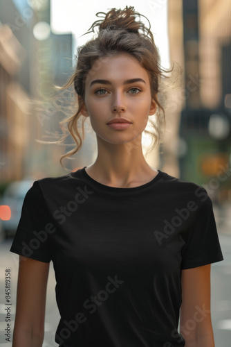 Athletic Woman Black T-Shirt Mockup in Urban Setting