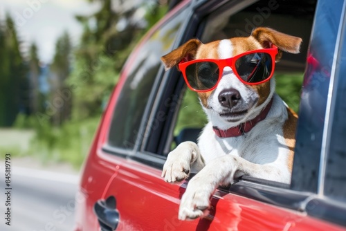 dog in car with red sunglasses making a cool gesture © VolumeThings