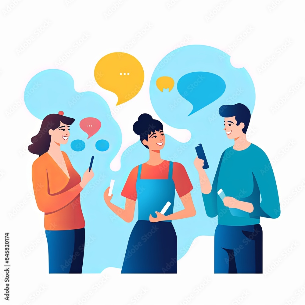flat vector style illustration, a diverse group of people talking and collaborating, on white background flat vector style illustration, a diverse group of people talking and collaborating, on white background