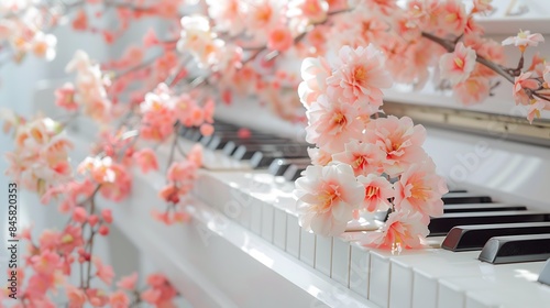 Artificial flower decoration on white piano background beautiful tree