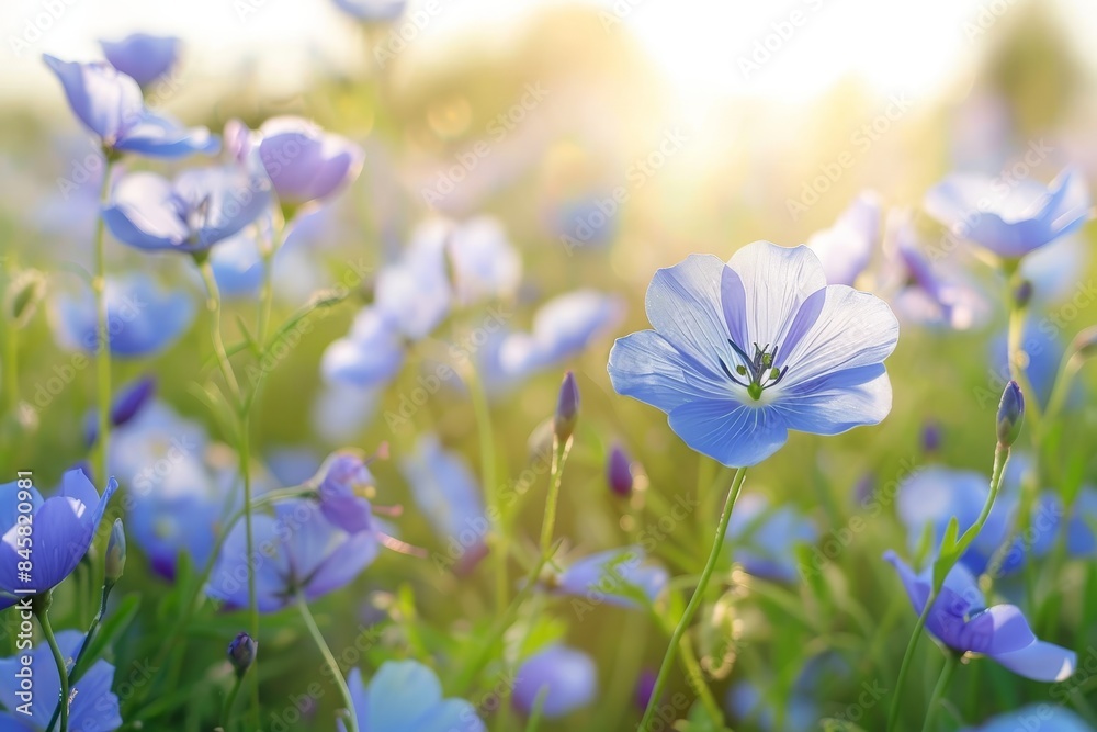 Flax plant and blossom field with blue flax seed flower in the garden Flax plant and blossom field with blue flax seed flower in the garden