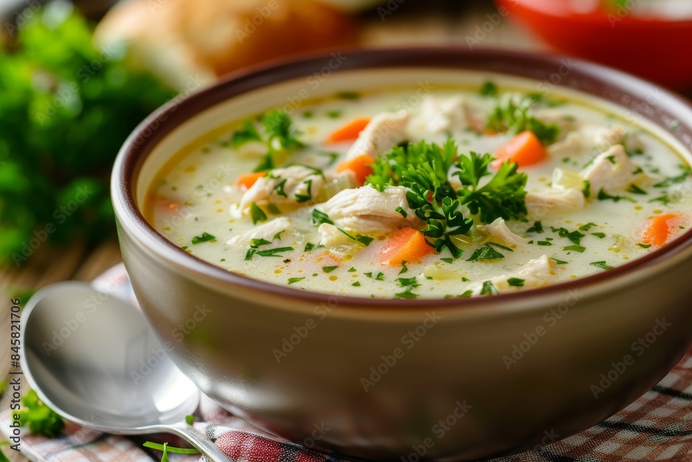Fresh homemade chicken soup with vegetables and greens in a bowl Fresh homemade chicken soup with vegetables and greens in a bowl