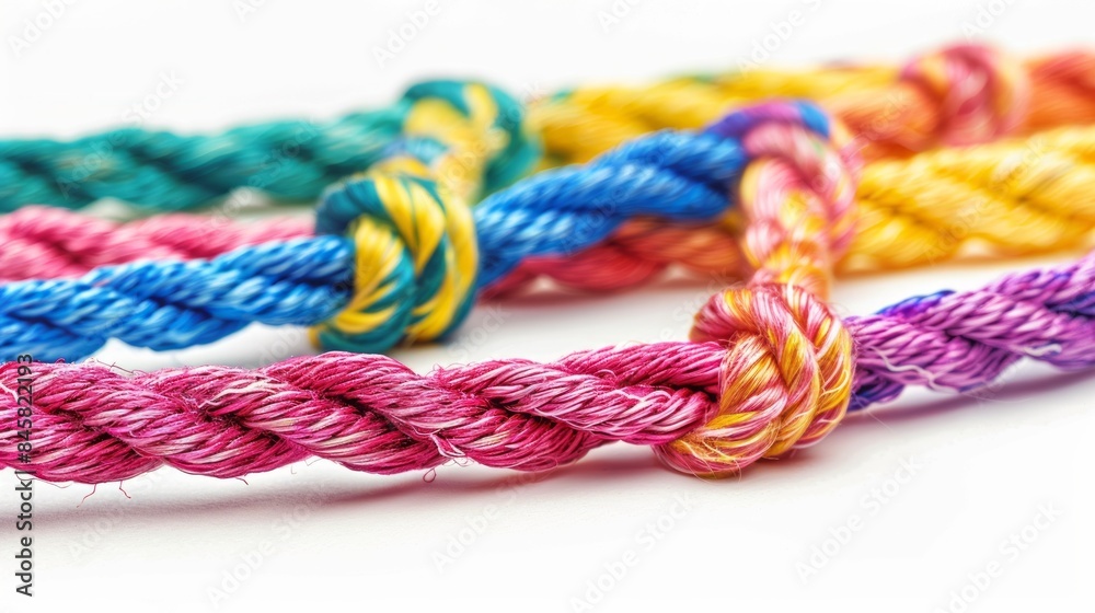 Colorful braided ropes in various hues isolated on white background, symbolizing unity and strength Colorful braided ropes in various hues isolated on white background, symbolizing unity and strength