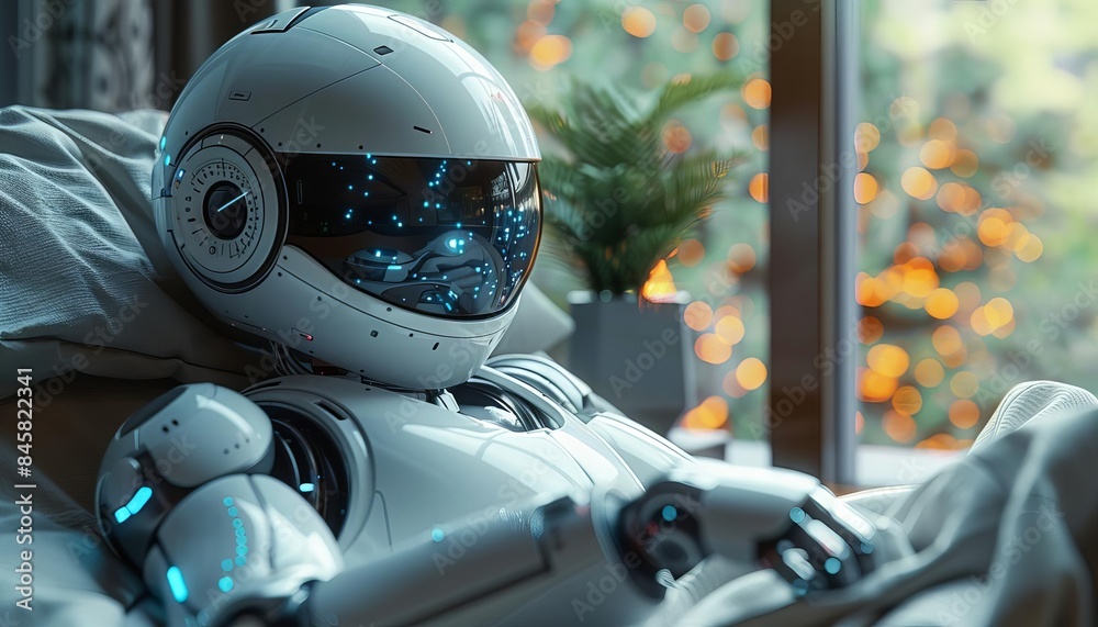 Capture a futuristic scene of a robot nurse caring for an elderly person in a modern home
