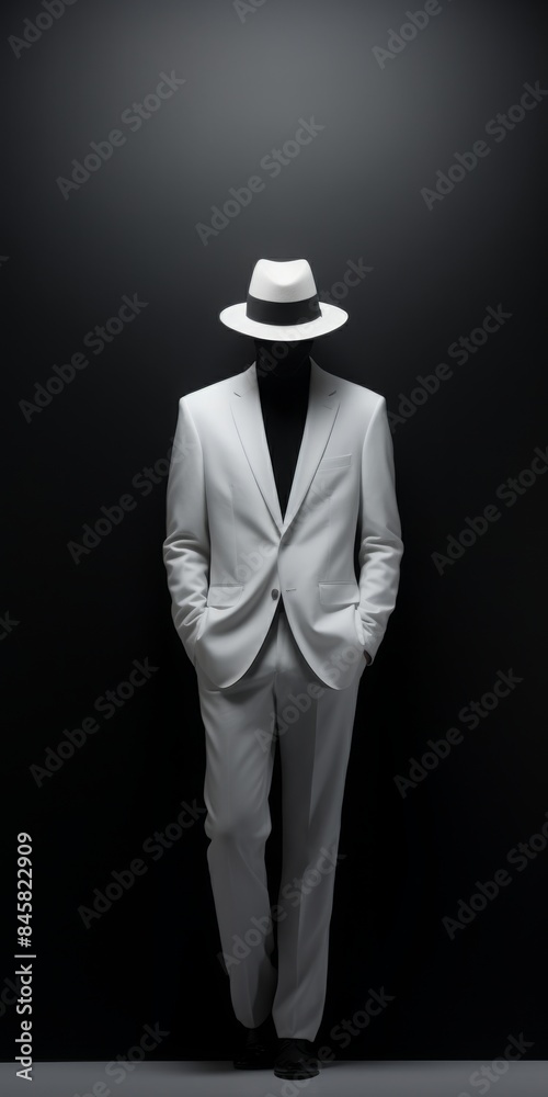 Stylish and enigmatic figure wearing a white suit and hat standing against a dark background Stylish and enigmatic figure wearing a white suit and hat standing against a dark background