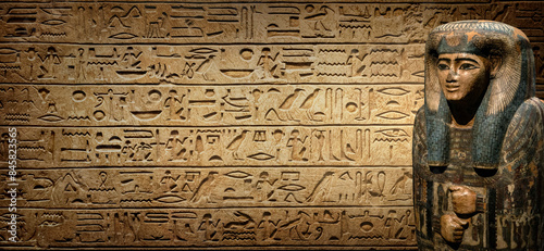 Sarcophagus with an Egyptian mummy on old Egyptian hieroglyphs. Ancient Egyptian hieroglyphs as a symbol of the history of the Earth. Ancient historical background.