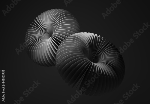 Two abstract circle shapes  black background. Monochrome illustration  3d render.