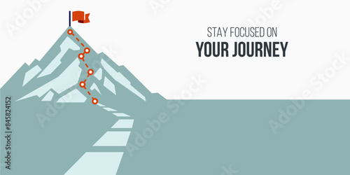 journey concept vector illustration of a mountain with path and a flag at the top, route to mountain peak, business journey and planning concept.