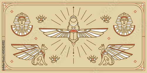 esoteric ancient egypt art decoration illustration with various symbol. collection of egyptian vintage art of pharaoh,cats and scarab wallpaper