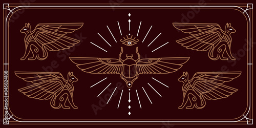 esoteric ancient egypt art decoration illustration with various symbol. collection of egyptian vintage art of pharaoh,cats and scarab wallpaper