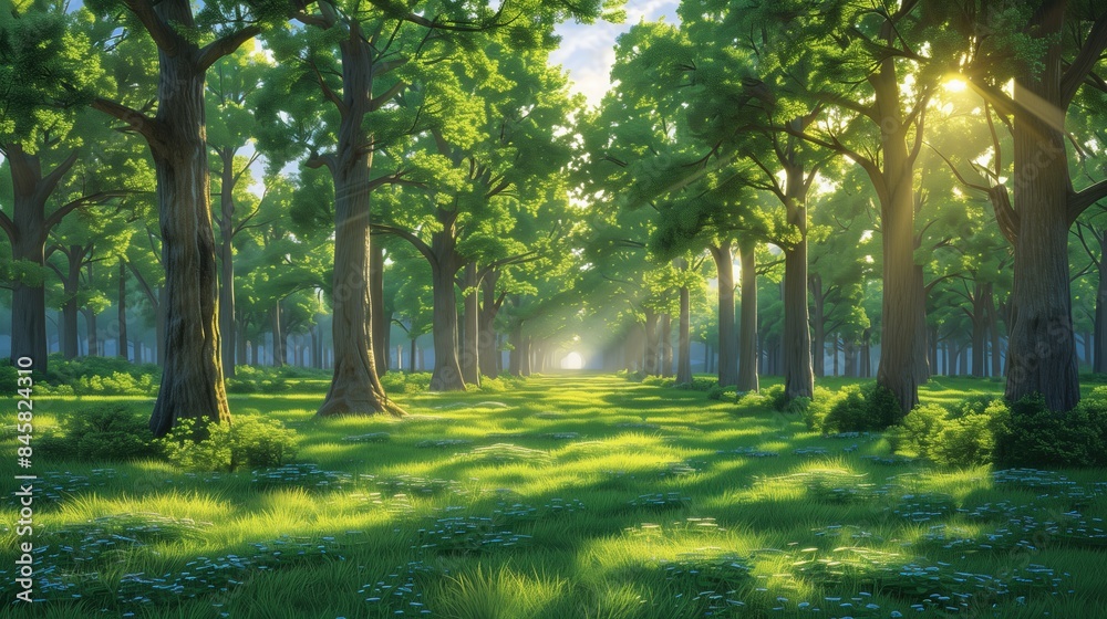 Obraz premium Sunlit Forest with Lush Greenery and Tall Trees 