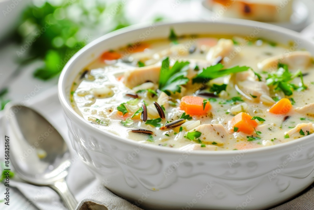 Homemade creamy soup with chicken vegetables and wild rice in white bowl
