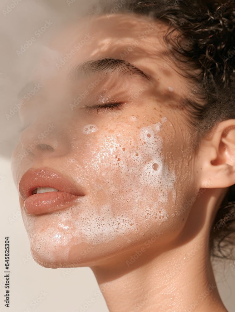 Radiant Woman Spraying Facial Mist with Flawless Skin in Natural Light Glow Radiant Woman Spraying Facial Mist with Flawless Skin in Natural Light Glow