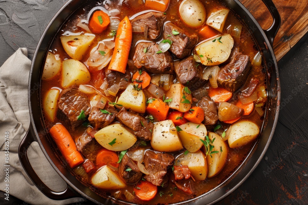Irish beef stew with garlic Guinness bacon and vegetables in pot on table Top view Irish beef stew with garlic Guinness bacon and vegetables in pot on table Top view