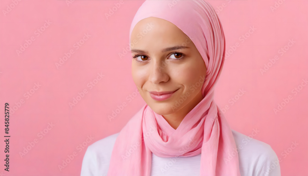 Young caucasian woman with breast cancer a pink scarf looking positive Young caucasian woman with breast cancer a pink scarf looking positive