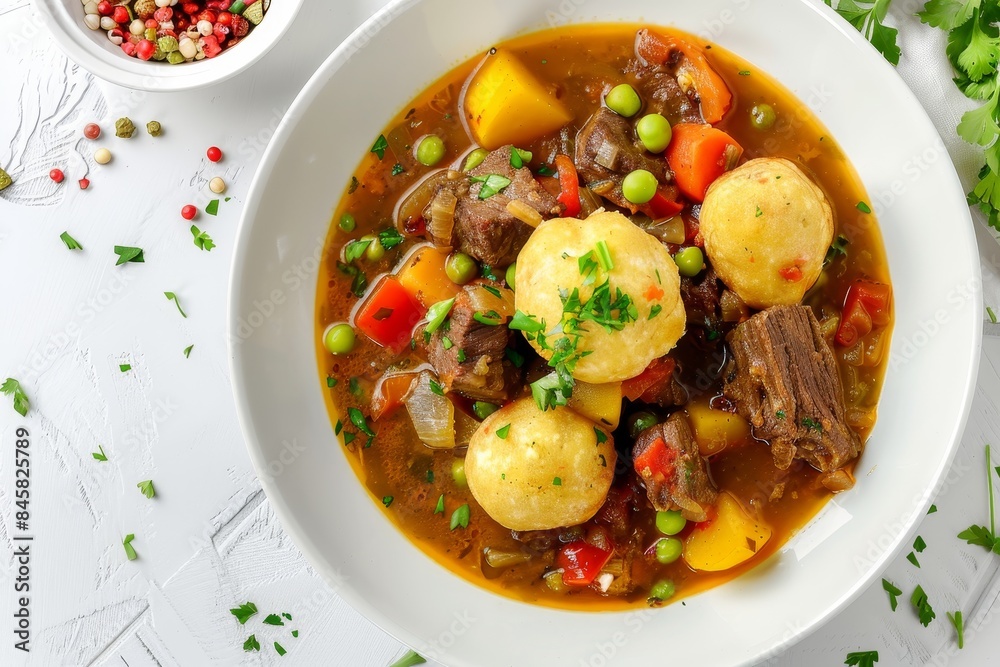 Jamaican soup with dumplings peas beef veggies in white bowl on white table Jamaican soup with dumplings peas beef veggies in white bowl on white table