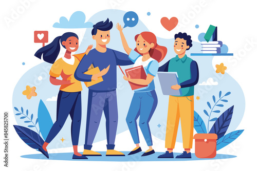 A group of four diverse students, two women and two men, are smiling and talking together while holding books and other study materials. The illustration features a lighthearted and fun atmosphere,