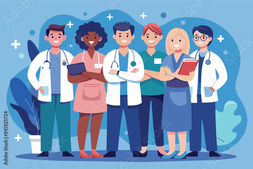 A group of six medical professionals, including doctors, nurses, and a pharmacist, stand side-by-side in a team setting. They all wear scrubs or lab coats, smiling and looking confident.