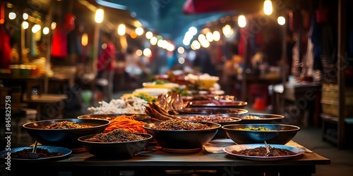 Busy street market with diverse Asian food stalls under glowing lights. Concept Night Market, Asian Cuisine, Food Stalls, Festive Lighting photo