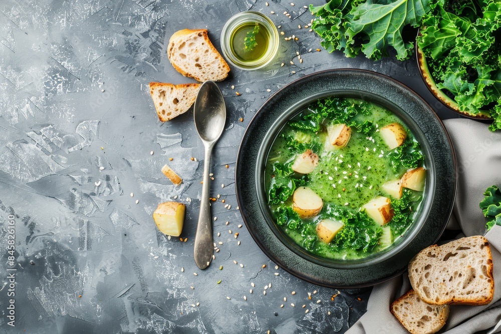 Kale cream soup with potatoes and bread on gray background with space Homemade dish Kale cream soup with potatoes and bread on gray background with space Homemade dish