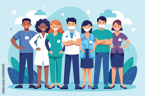 A group of six healthcare workers, representing various genders, ethnicities, and professions, stand together in front of a blue background with clouds and leaves.