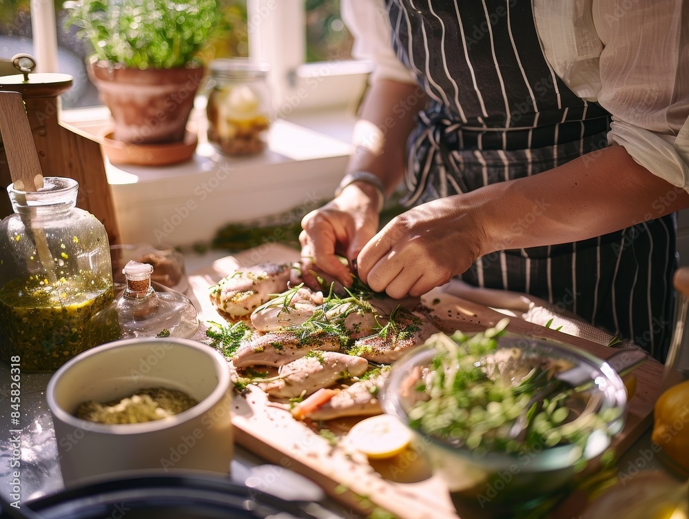 Culinary Delight - Person Marinating Chicken with Fresh Herbs and Spices in a Sunlit Kitchen Culinary Delight - Person Marinating Chicken with Fresh Herbs and Spices in a Sunlit Kitchen