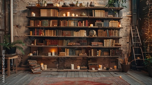 vintage studio photo backdrop with shelves full of books and candles 