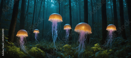Glowing jellyfish float through a dark and mystical forest, casting an ethereal light. Perfect for fantasy theme design, Halloween decorations, or serene artwork backgrounds.