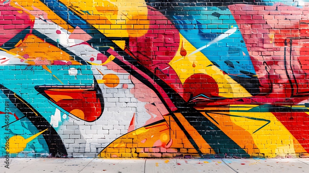 Fototapeta premium A striking graffiti art piece full of bright colors and bold lines, on an urban brick wall