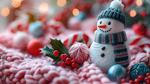 Christmas pattern with a snowman wearing cozy dark green woollen hat and scarf, Christmas decorations, holly and candy canes, bokeh background. Christmas and New Year greeting card. photo