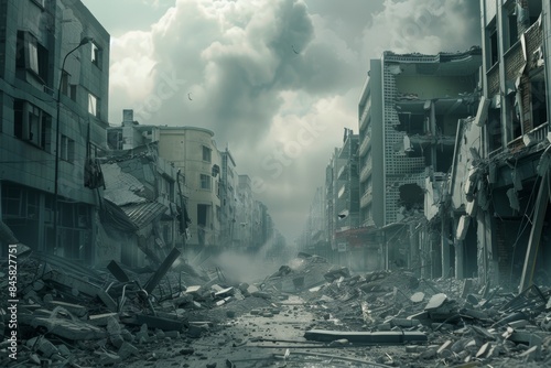 Desolate, postapocalyptic cityscape featuring severely damaged and collapsed buildings under cloudy, ominous sky. rubble and debris cover streets, enhancing sense of devastation.