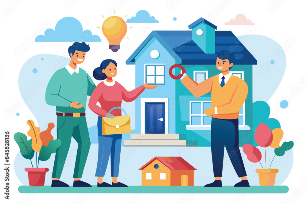 A cartoon illustration of a real estate agent showing a new house to a couple. They are standing outside the house and the agent is holding a key. A cartoon illustration of a real estate agent showing a new house to a couple. They are standing outside the house and the agent is holding a key.