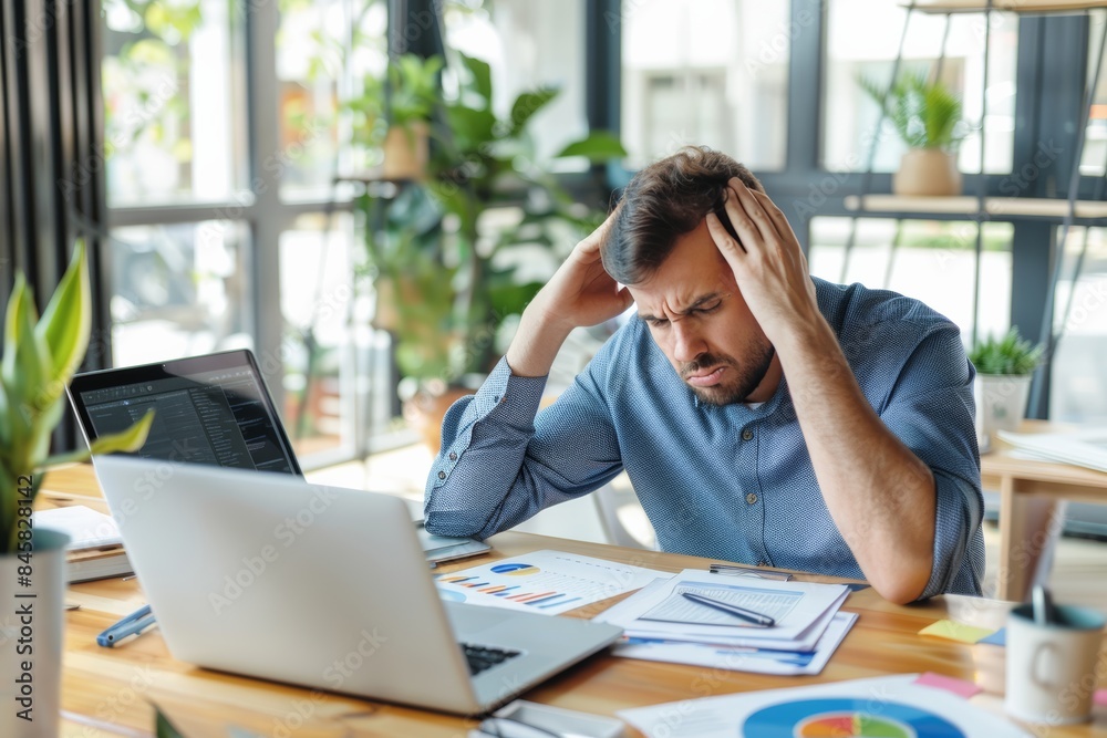 Exhausted businessman with headache at cluttered desk. Work stress and health impact Exhausted businessman with headache at cluttered desk. Work stress and health impact