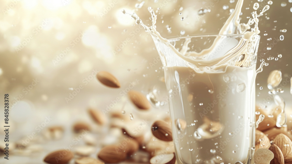 Organic almond milk in a glass beaker. Almond nuts falling in almond splash isolated on light brown background. Splash with almond nuts. Organic almond milk in a glass beaker. Almond nuts falling in almond splash isolated on light brown background. Splash with almond nuts.