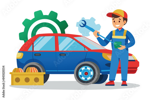 A cartoon illustration of a mechanic holding a wrench and inspecting a car.