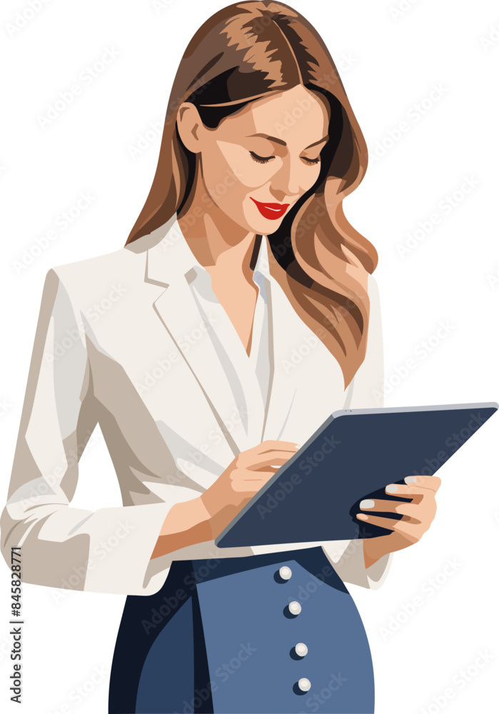 Beautiful professional working woman and tablet, clipart for inclusion of women in workplace, gender discrimination, technology, office, business, modern, creativity, success, career, job, preparation Beautiful professional working woman and tablet, clipart for inclusion of women in workplace, gender discrimination, technology, office, business, modern, creativity, success, career, job, preparation