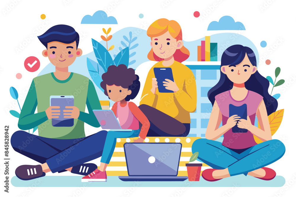 Four individuals, sitting on a bench, are engrossed in using their personal electronic devices. Each person is focused on their own screen, highlighting the prevalence of technology in modern life. Four individuals, sitting on a bench, are engrossed in using their personal electronic devices. Each person is focused on their own screen, highlighting the prevalence of technology in modern life.