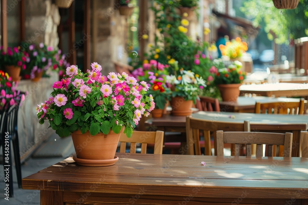 Outdoor street cafe with tables adorned with flower filled pots