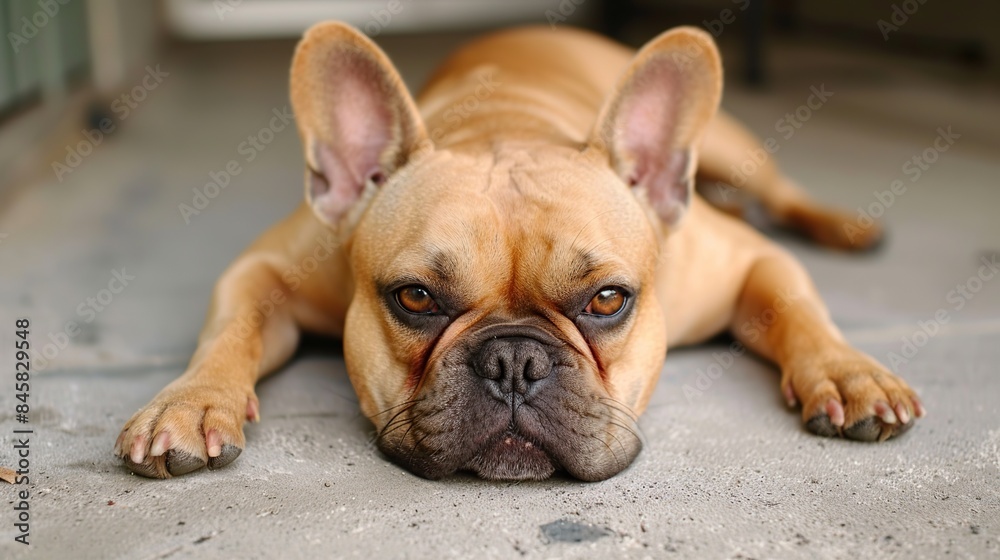 French bulldog lying stay still and calm on cement floor. Cute dog . Generative Ai French bulldog lying stay still and calm on cement floor. Cute dog . Generative Ai