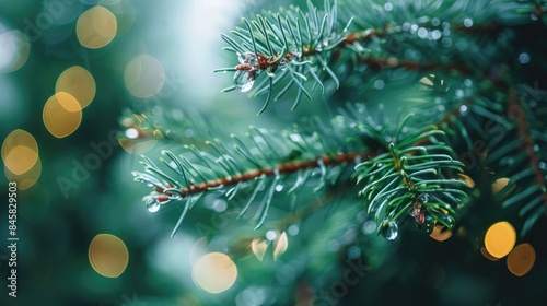 Blurred background showcasing a dewdrop on a green pine leaf