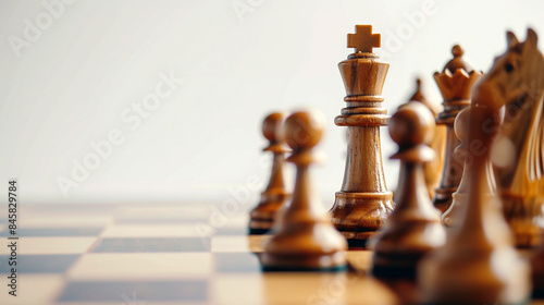 wide detailed closeup background banner photo of wooden chess pieces set with white copy space 