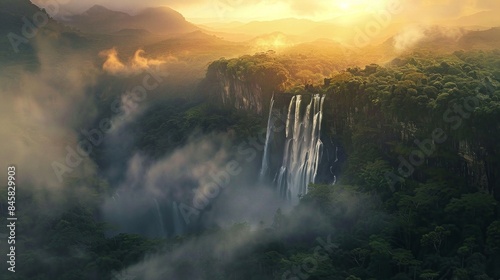 Waterfall in deep tropical rainforest with green plants  moss  ferns.