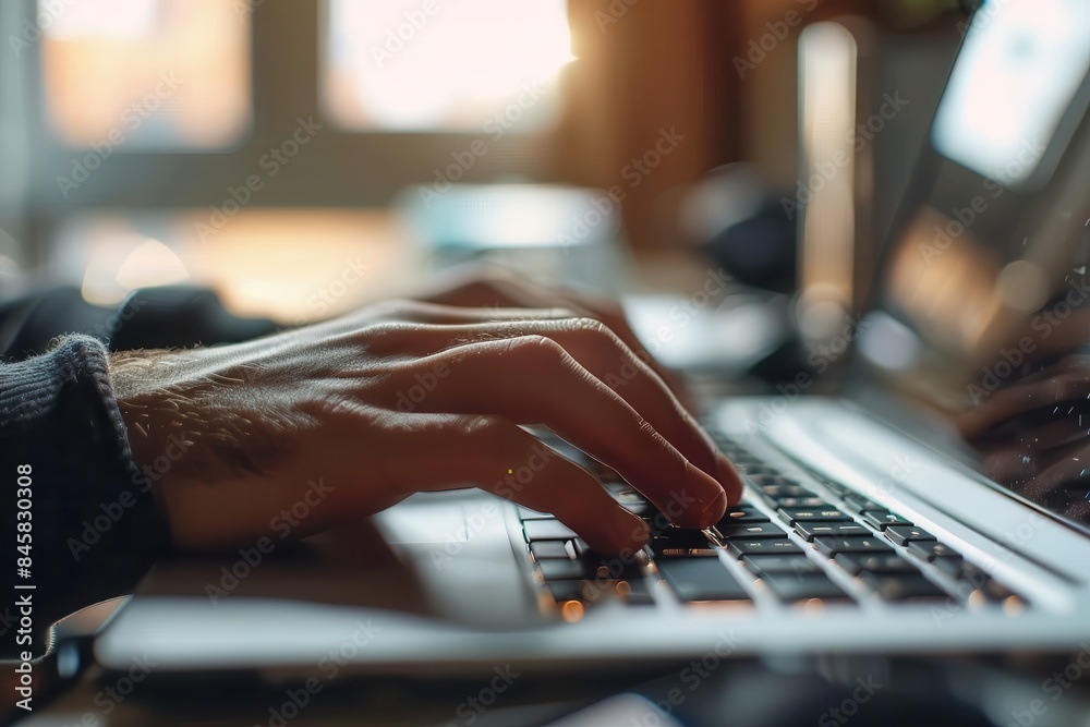 Sunlight spills over a laptop keyboard as someone types, emphasizing productivity Sunlight spills over a laptop keyboard as someone types, emphasizing productivity