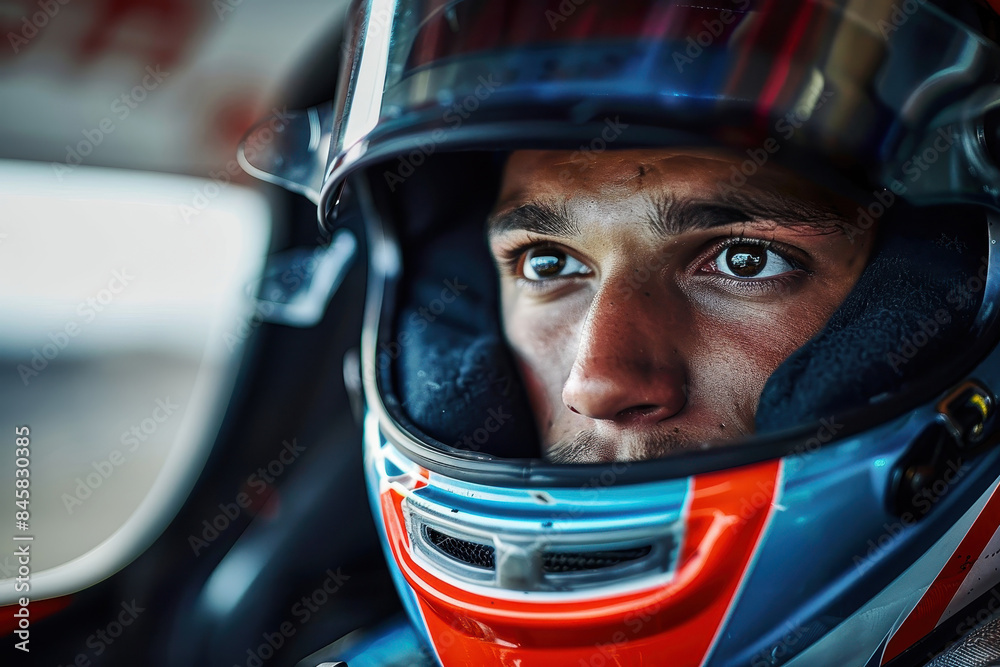 Intense focus is captured on the face of a race car driver, clad in a protective racing helmet Intense focus is captured on the face of a race car driver, clad in a protective racing helmet