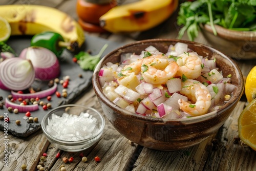 Peruvian Ceviche with fried plantain and ingredients on wood table