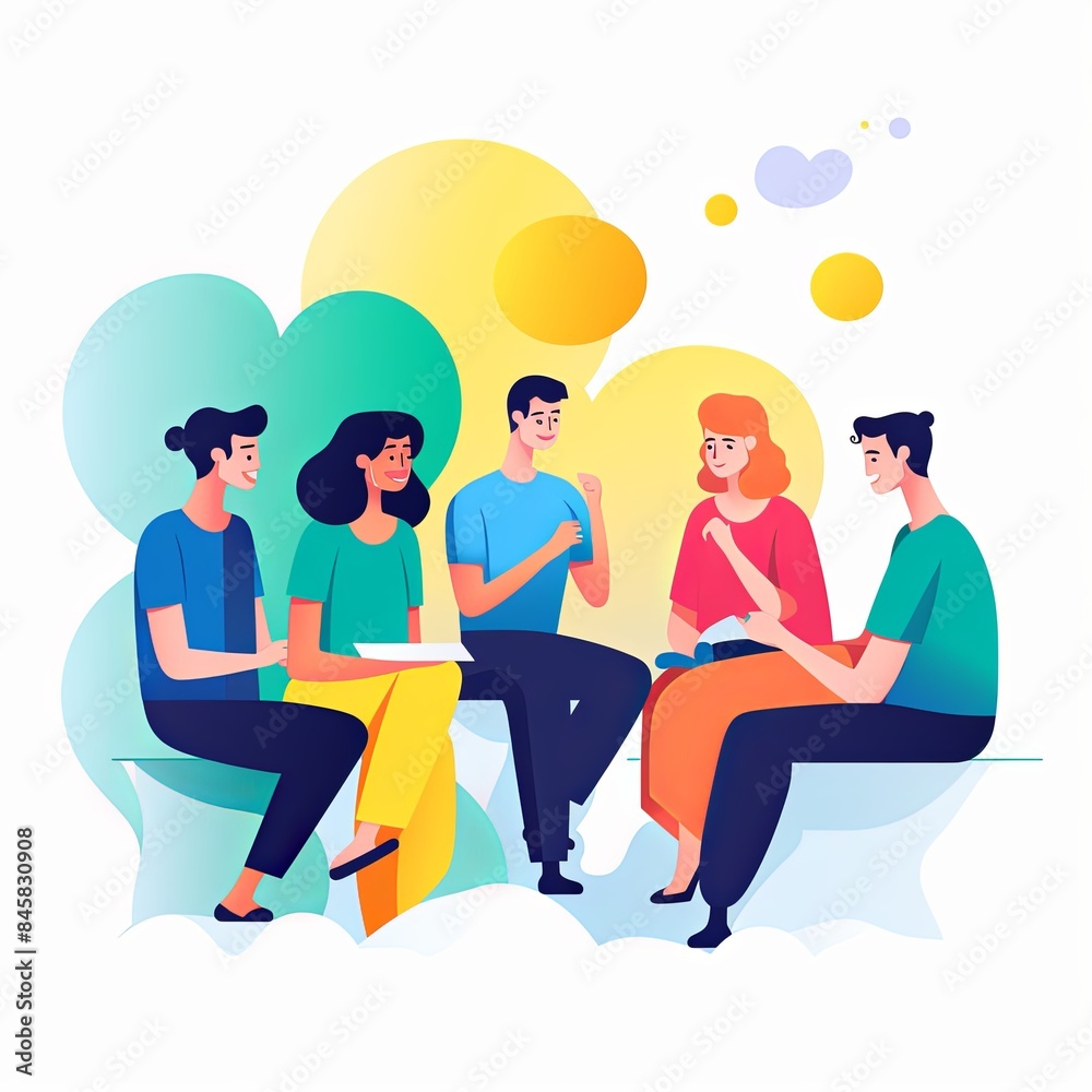 flat vector style illustration, a diverse group of people talking and collaborating, on white background flat vector style illustration, a diverse group of people talking and collaborating, on white background